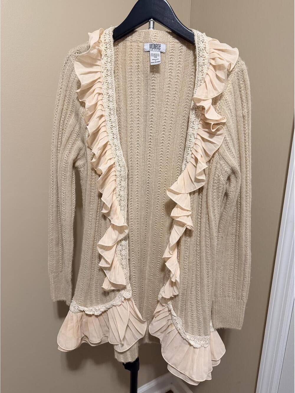 Monroe and Main Ruffle Duster Cardigan Women’s XL Cream Metallic Boho Sweater